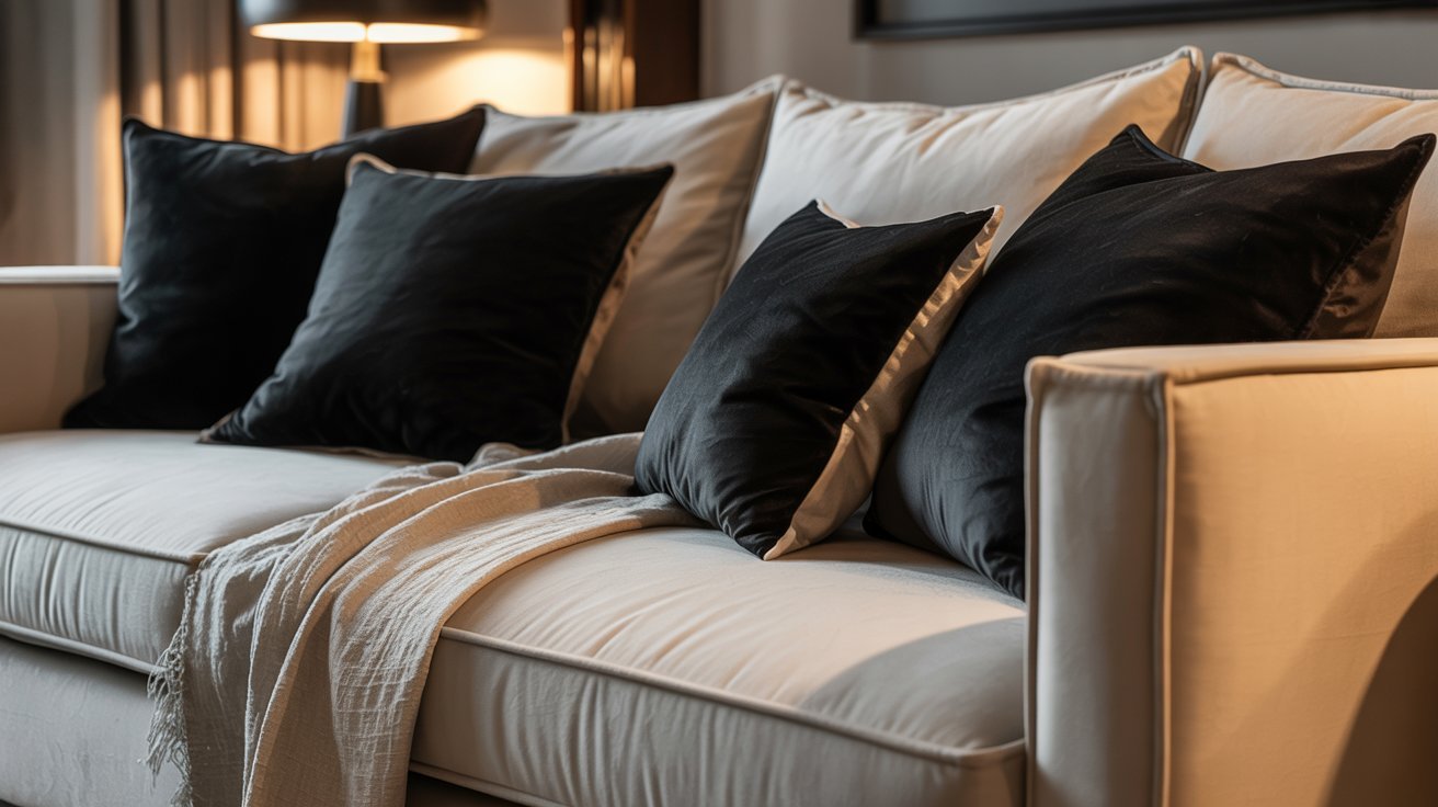 A white couch adorned with black pillows, accompanied by a stylish lamp beside it.