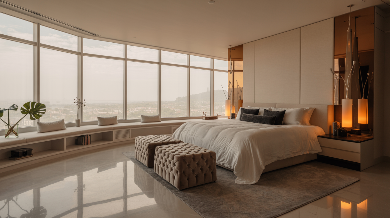  A spacious bedroom with a large window offering a panoramic view of the city.