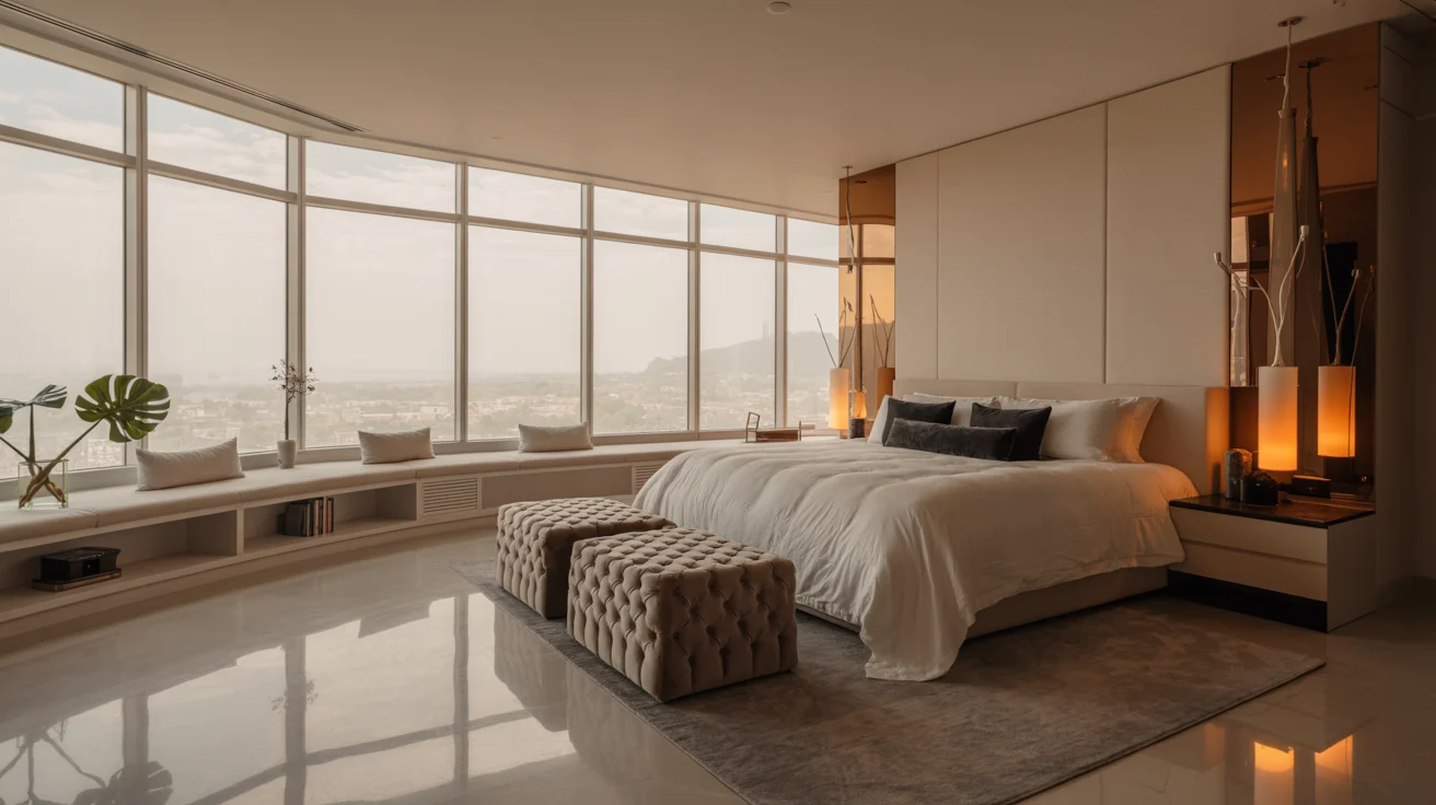 A spacious bedroom with a large window offering a panoramic view of the city.