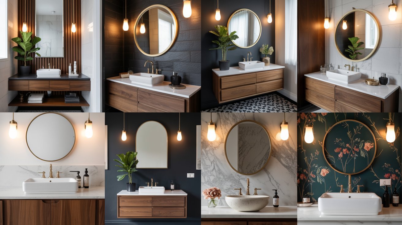 A collage featuring various bathroom fixtures, including sinks, faucets, and mirrors in different styles and finishes.