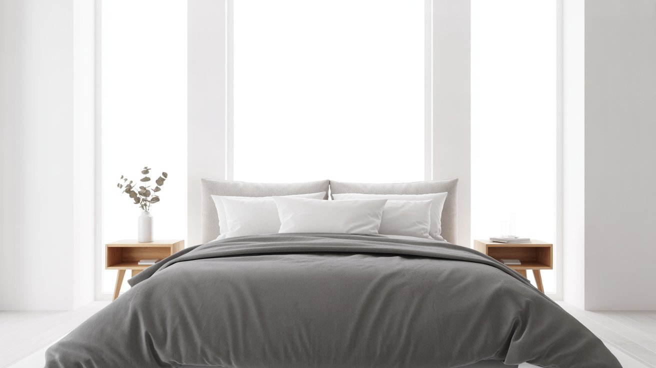 A neatly made bed features a gray comforter and a wooden nightstand on the side.
