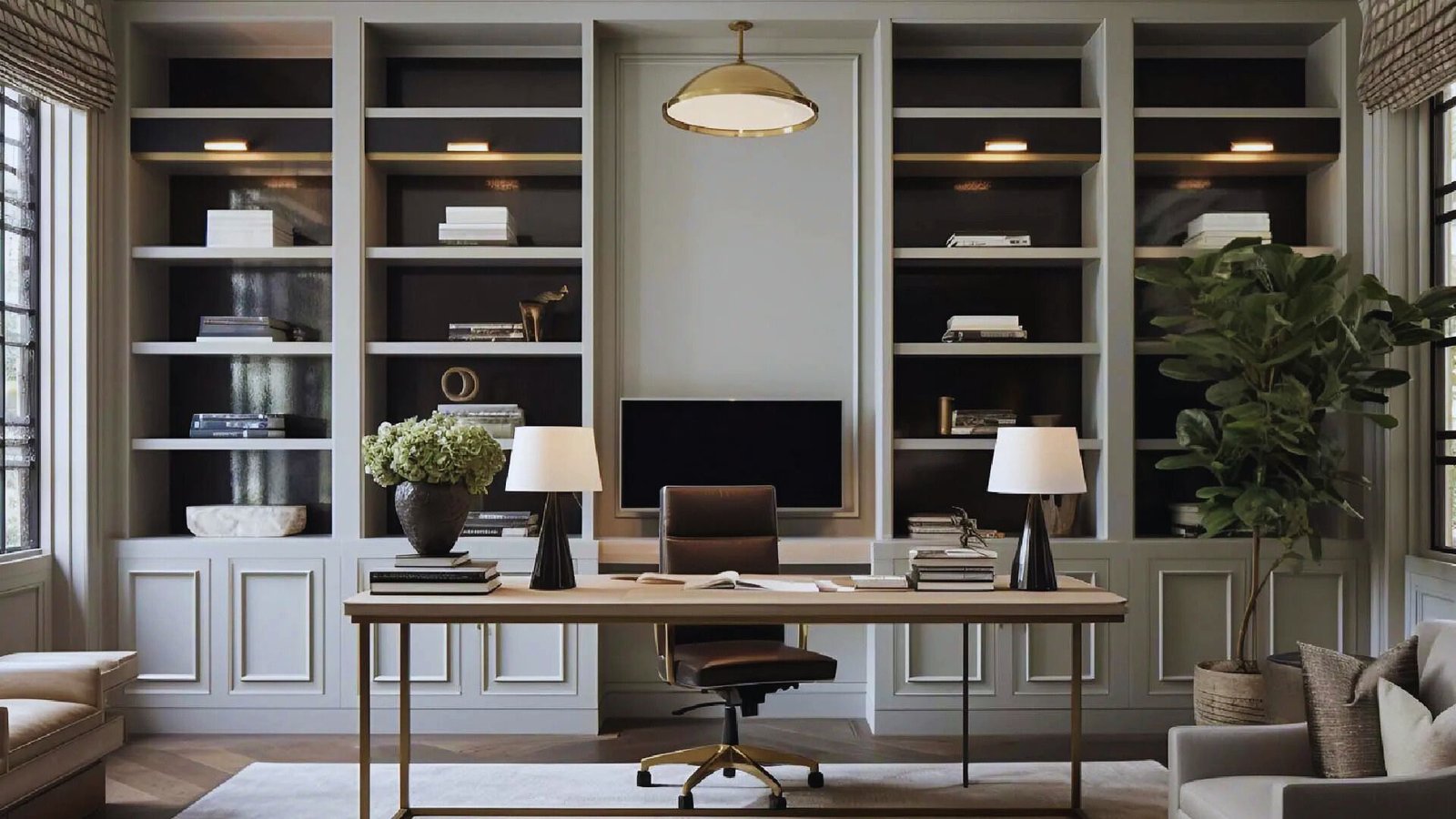 A home office featuring a desk, chair, and bookshelves filled with books and decorative items.