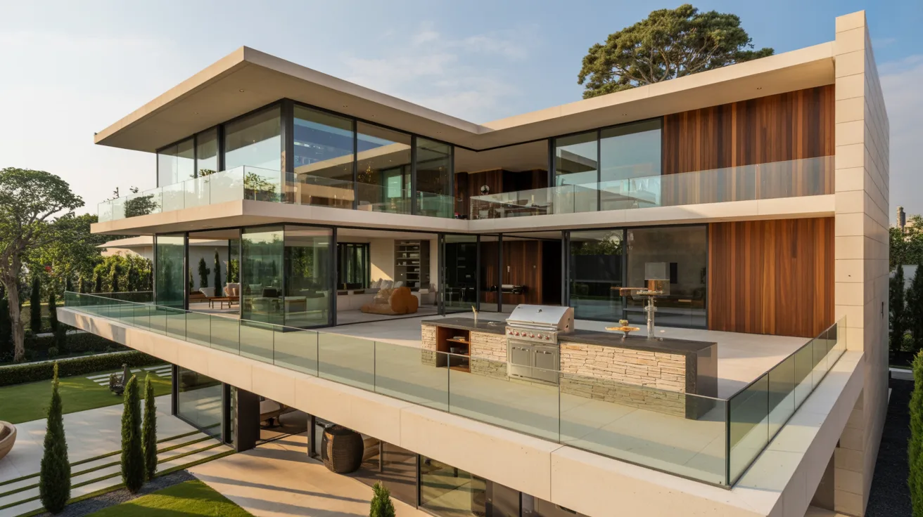 Modern house featuring expansive glass walls and a sleek balcony, showcasing contemporary architectural design.