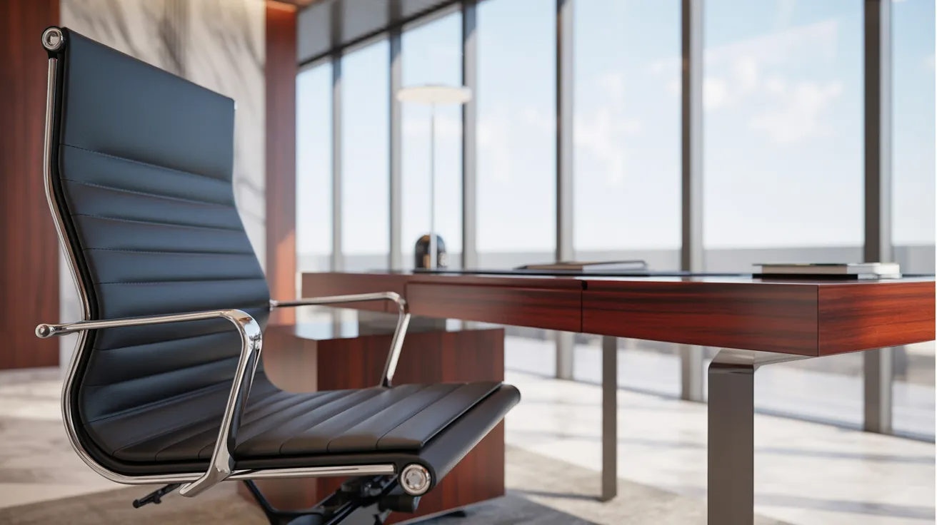 A sleek modern office chair positioned in front of a large window, allowing natural light to illuminate the workspace.
