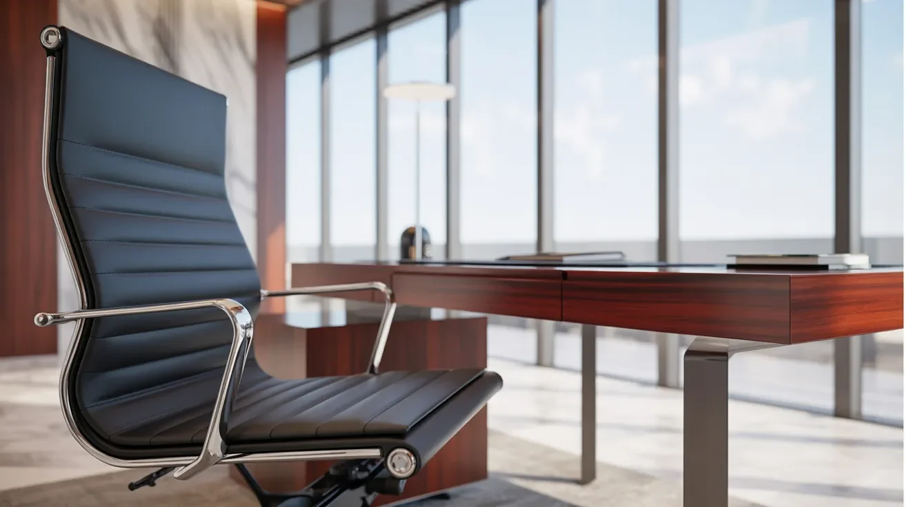 A sleek modern office chair positioned in front of a large window, allowing natural light to illuminate the workspace.