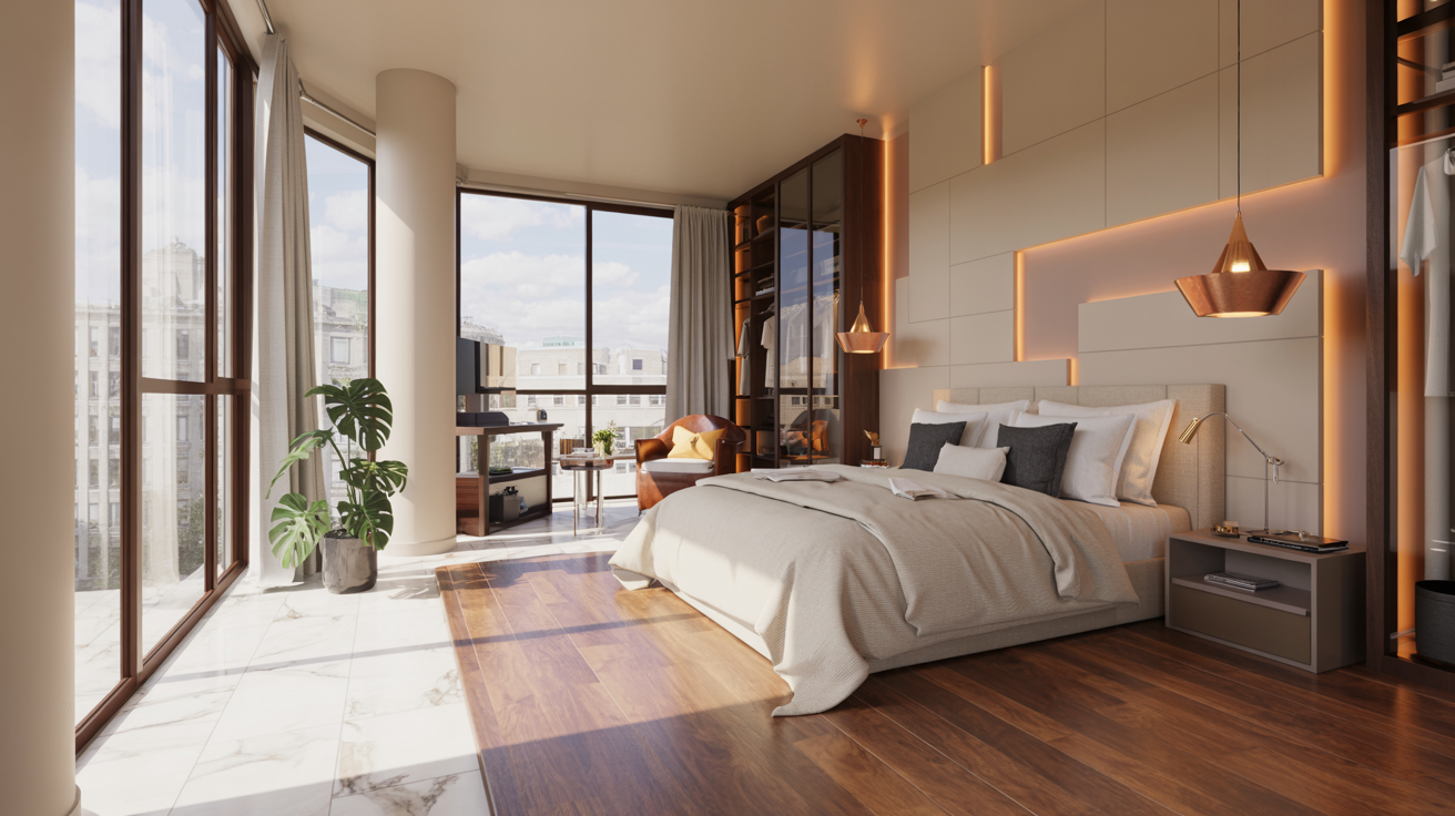  A modern bedroom featuring wooden floors and large windows that allow natural light to fill the space.
