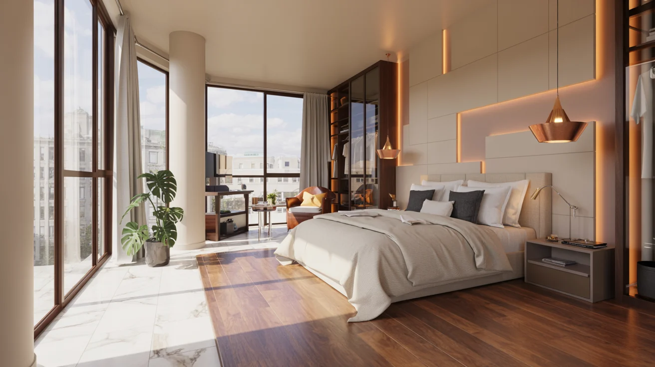 A modern bedroom featuring wooden floors and large windows that allow natural light to fill the space.