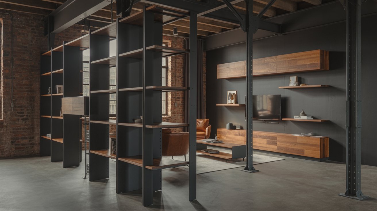 Industrial-style office featuring wooden shelves and a cozy couch for a modern yet inviting workspace atmosphere.
