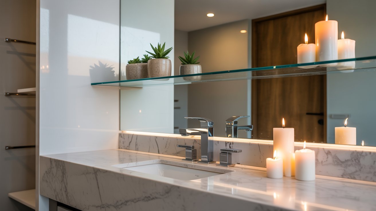 A modern bathroom featuring a sleek marble counter and a stylish glass shelf for storage.