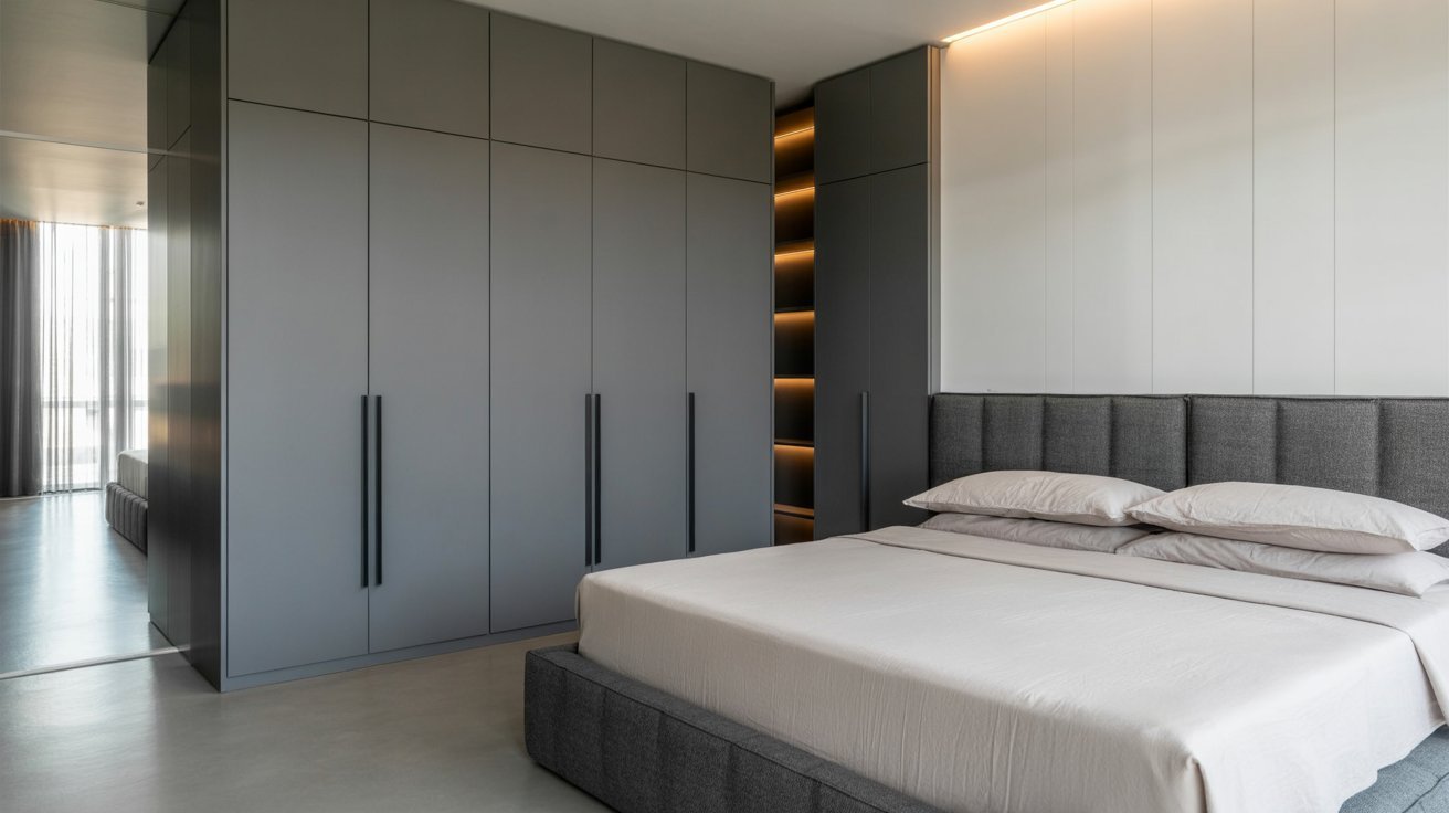  Modern bedroom featuring grey walls and a matching grey bed, creating a sleek and minimalist aesthetic.