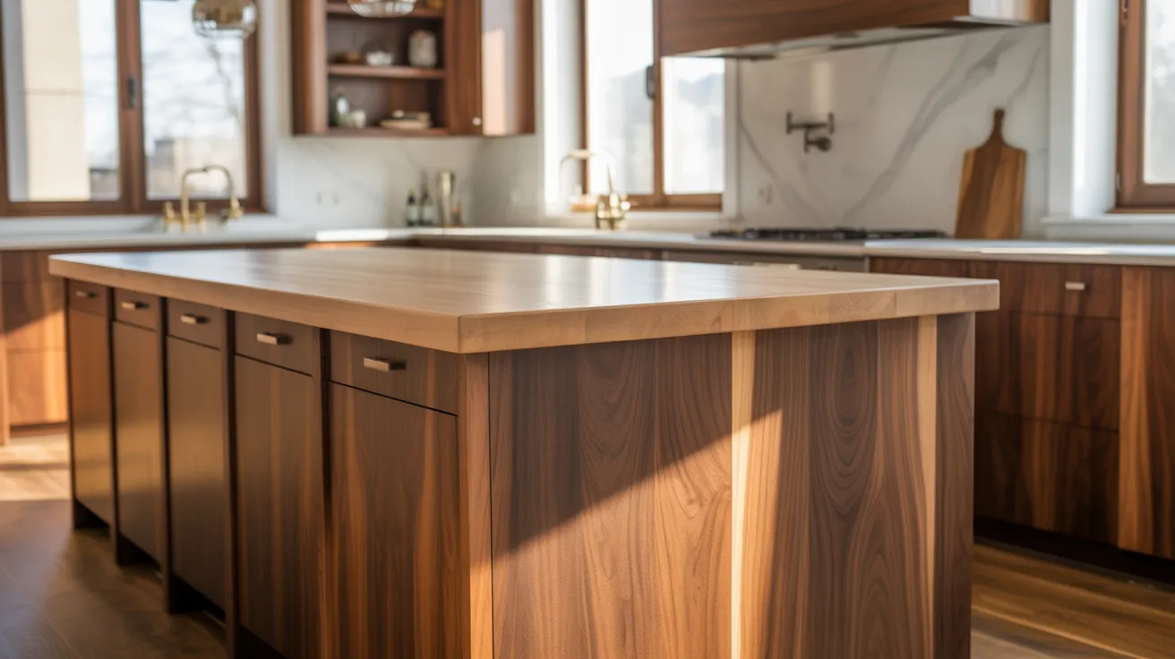 A kitchen featuring wooden cabinets and a sleek countertop, showcasing a warm and inviting design.