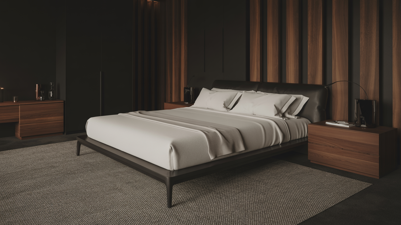 Contemporary bedroom design with a bed, nightstand, and a warm wooden wall accent.