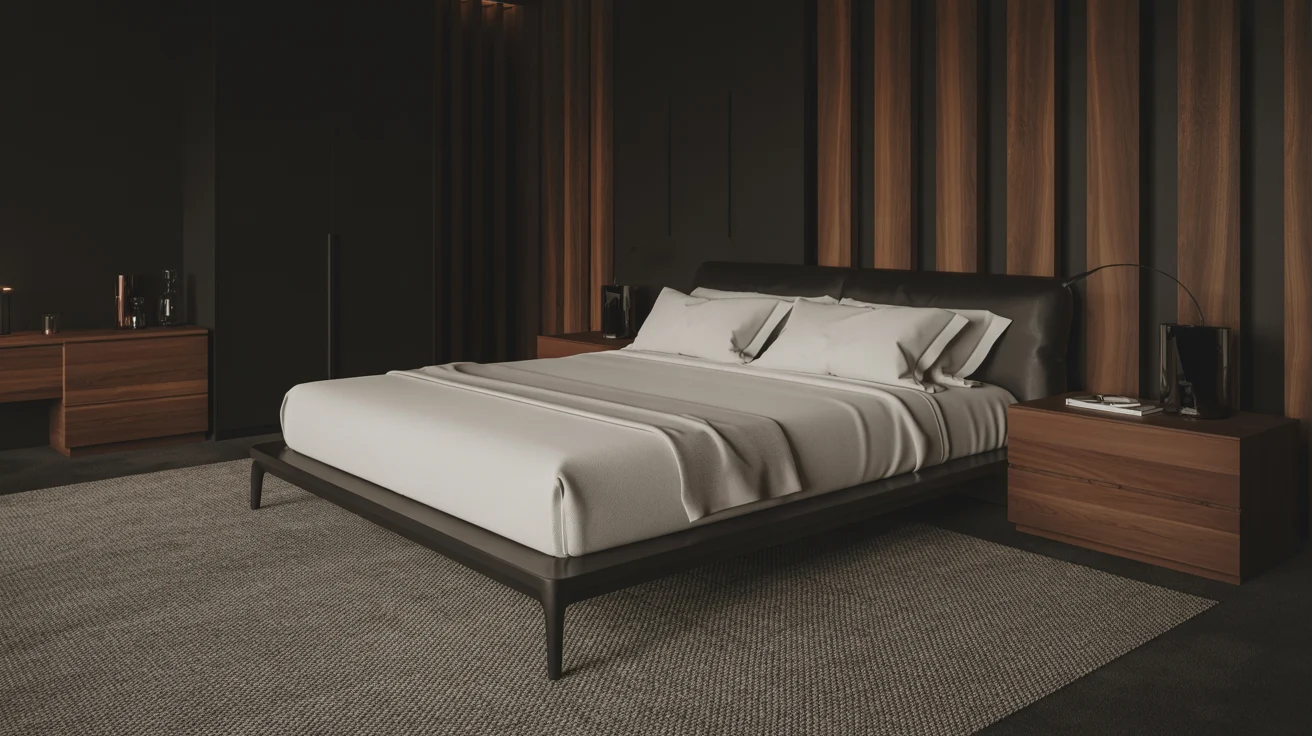 Contemporary bedroom design with a bed, nightstand, and a warm wooden wall accent.