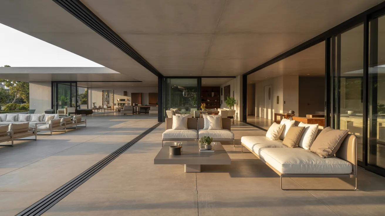Stylish patio area with a prominent glass wall, blending indoor and outdoor living seamlessly.