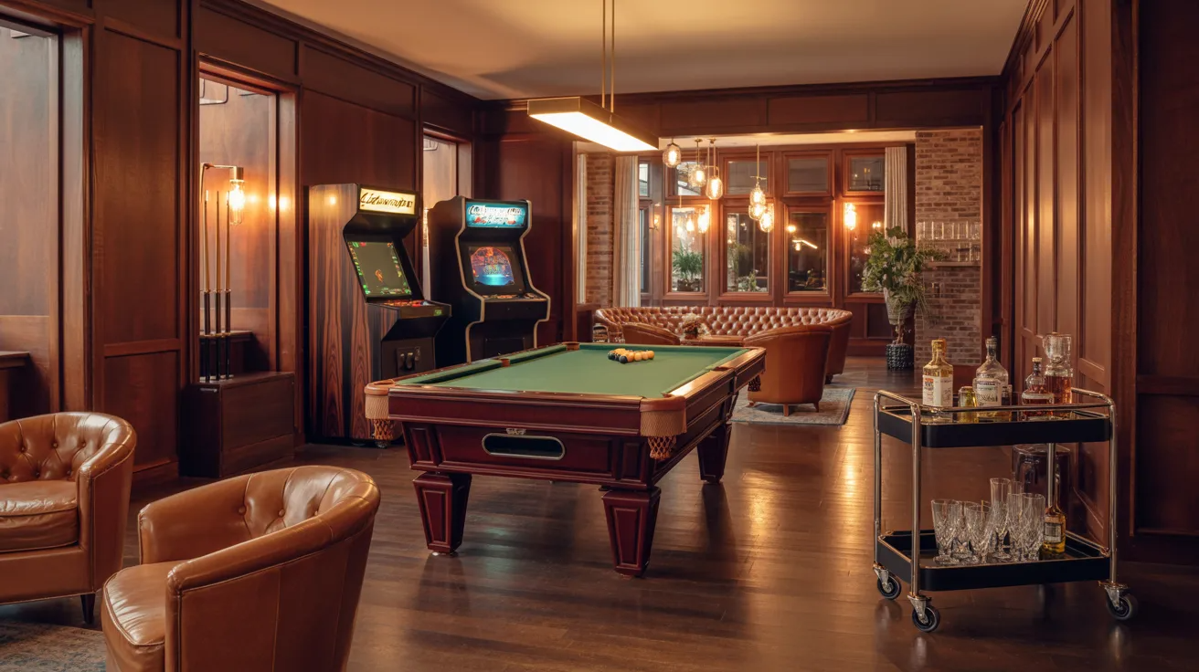 A game room featuring a pool table and a bar area, designed for leisure and entertainment.
