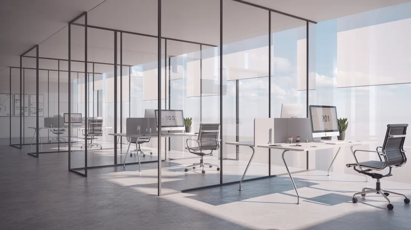 Contemporary office space with expansive glass walls and large windows, enhancing natural light and visibility.