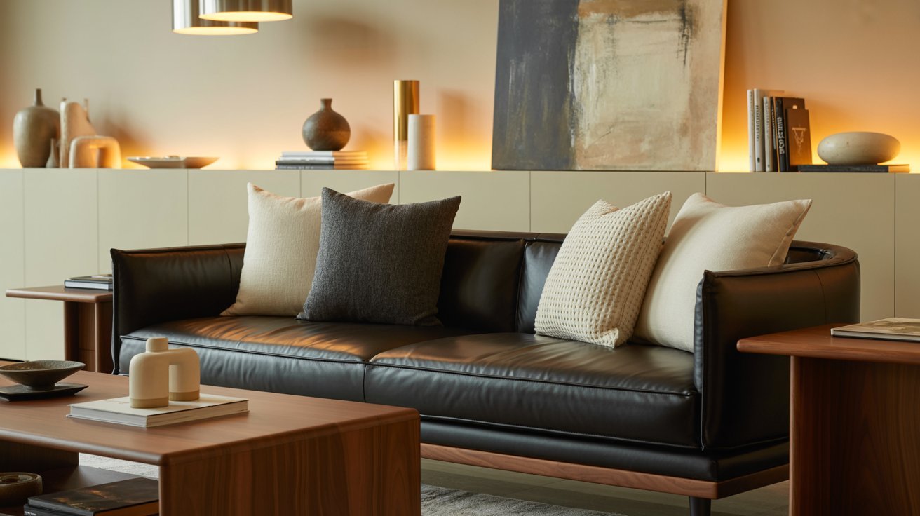 A living room featuring a black leather couch and a coffee table, creating a modern and inviting atmosphere.