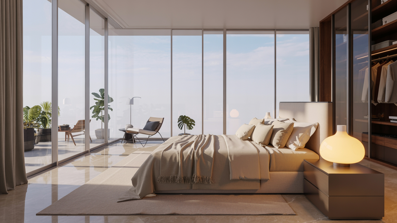 A stylish bedroom showcasing a large window that overlooks the urban landscape.