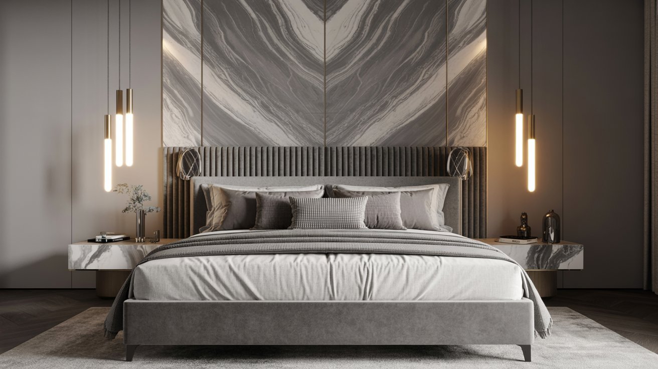 A modern bedroom featuring a sleek marble wall and a stylish bed, creating a sophisticated and elegant atmosphere.