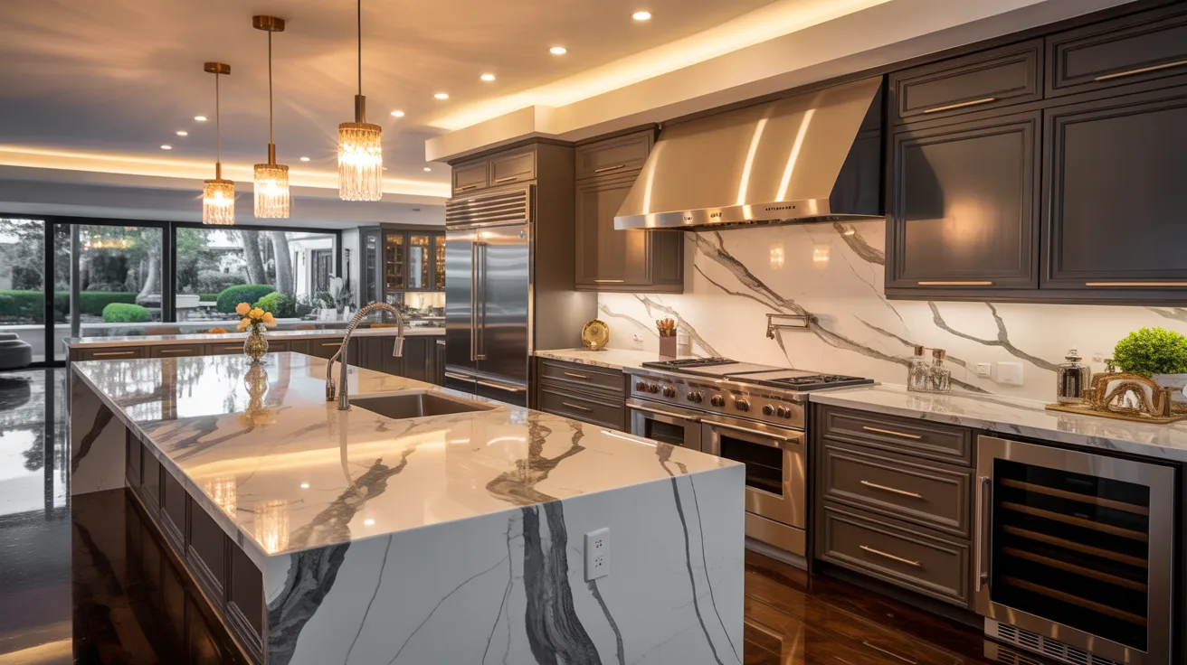  A modern kitchen featuring elegant marble countertops and sleek stainless steel appliances.
