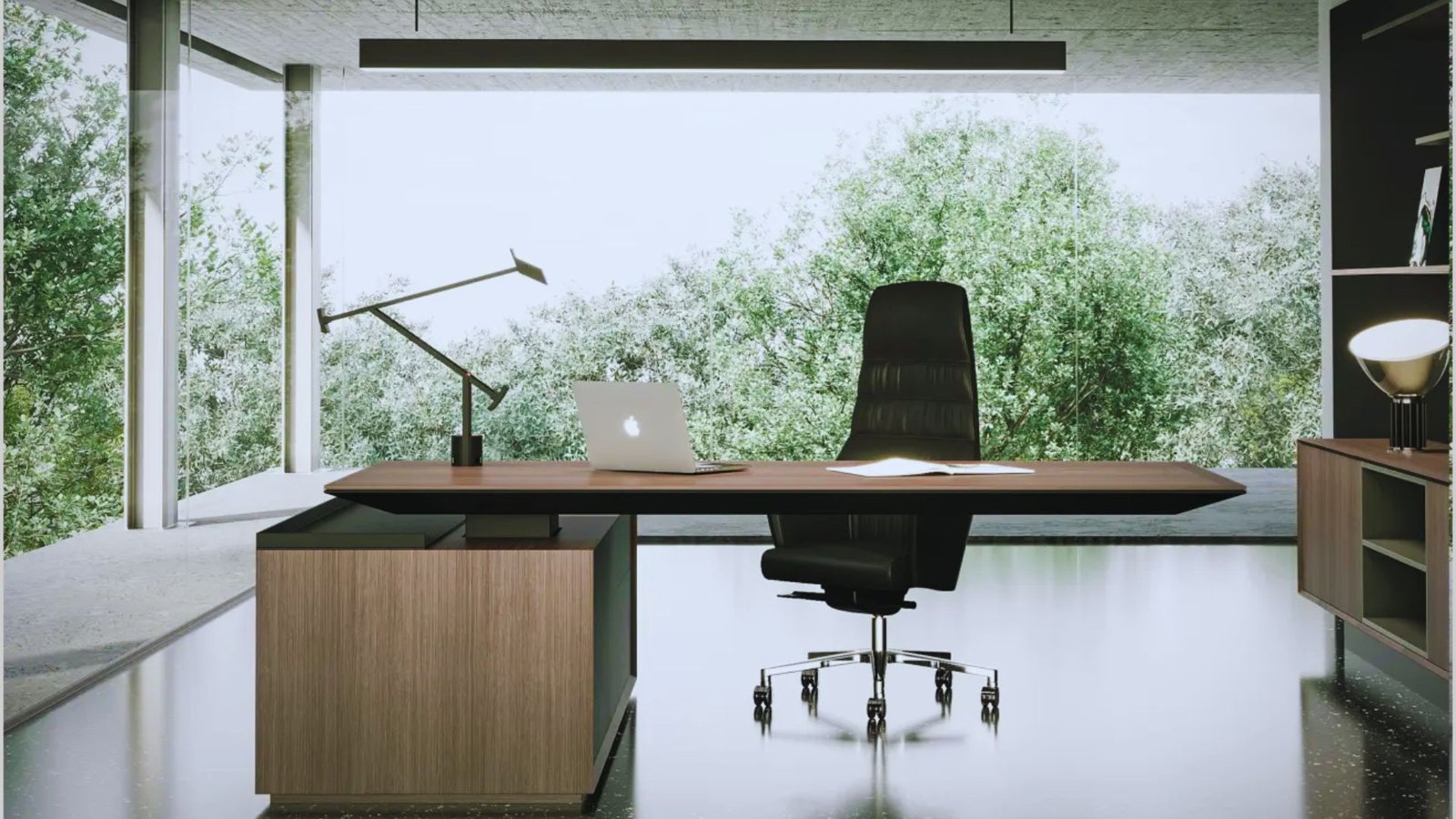 A contemporary office space showcasing a stylish desk and a comfortable chair, ideal for work.