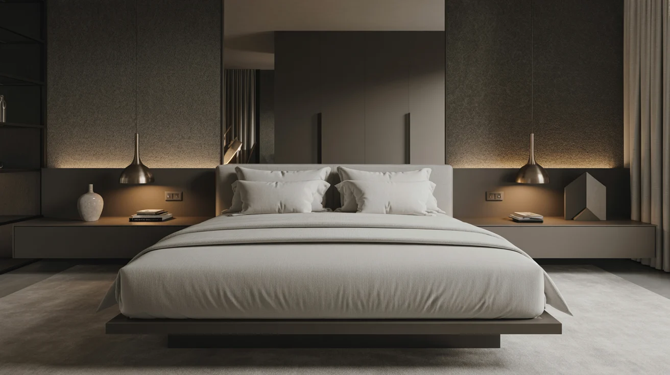 A sleek bedroom design with a comfortable bed and elegant nightstands, creating a cozy atmosphere.