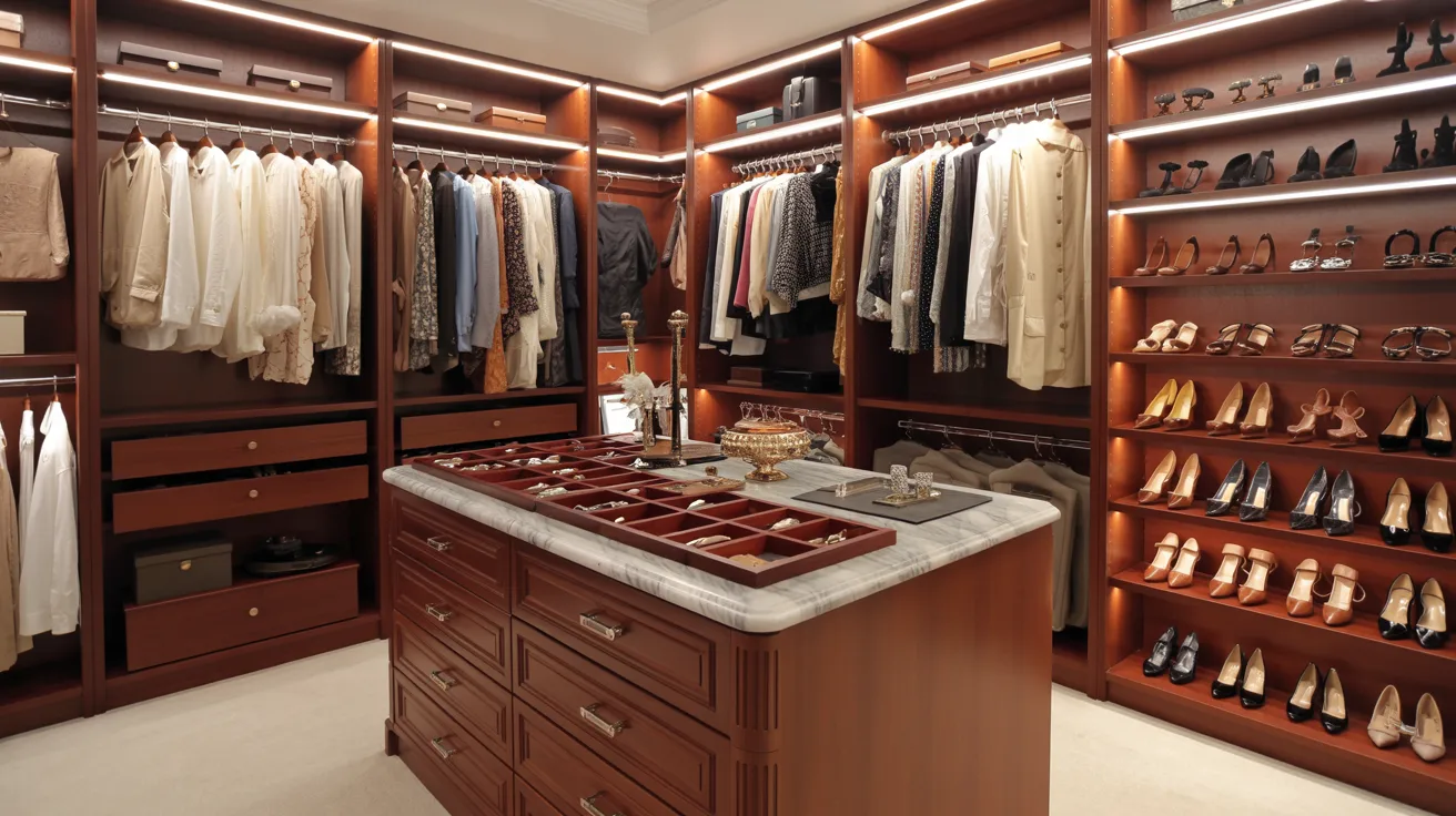 A spacious walk-in closet featuring a marble countertop and elegant wooden shelves for organized storage.