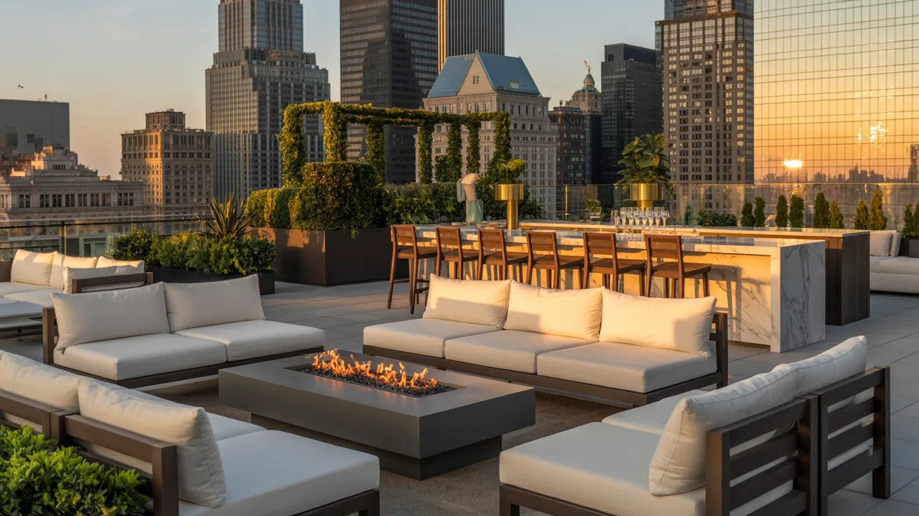 Rooftop terrace at the New York hotel, featuring city skyline views and outdoor seating for guests to enjoy.