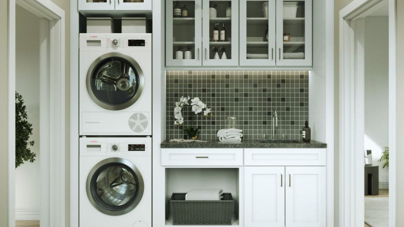 A laundry room featuring a washer and dryer, with shelves and laundry supplies visible in the background.
