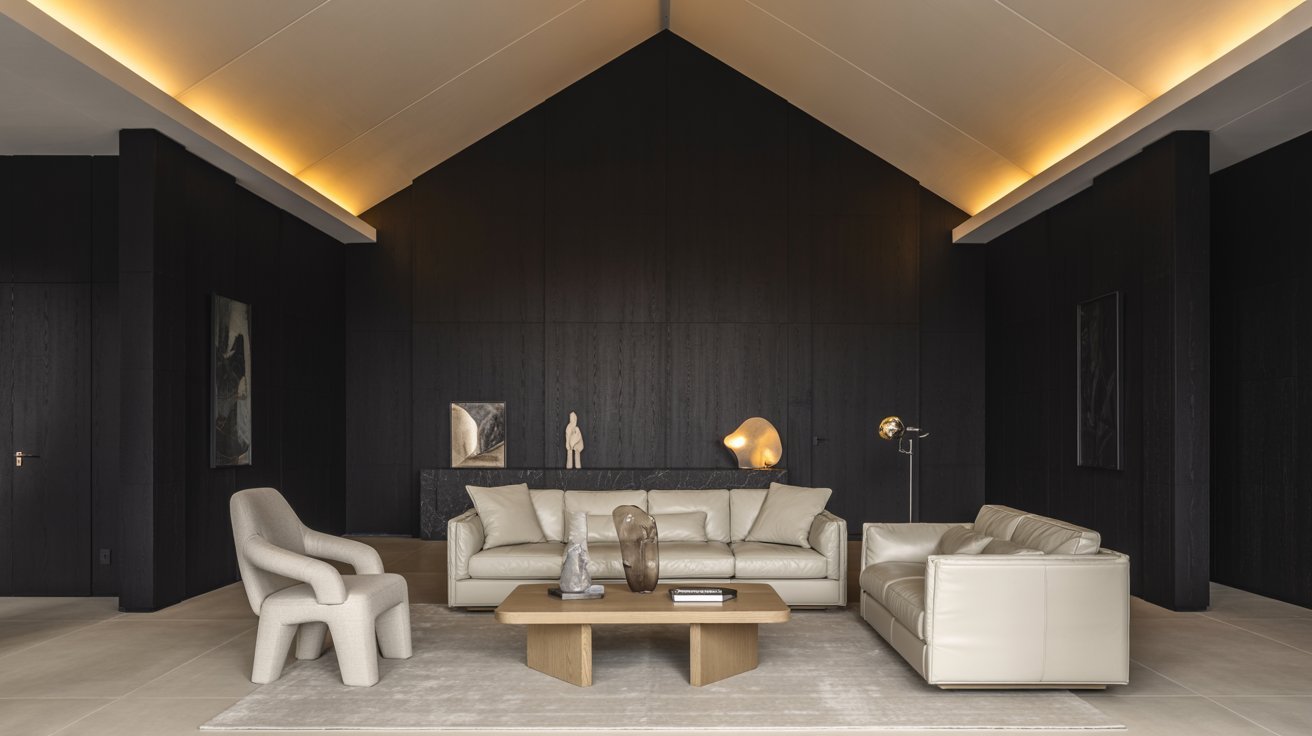 A modern living room featuring black walls and stylish white furniture, creating a striking contrast in the space.
