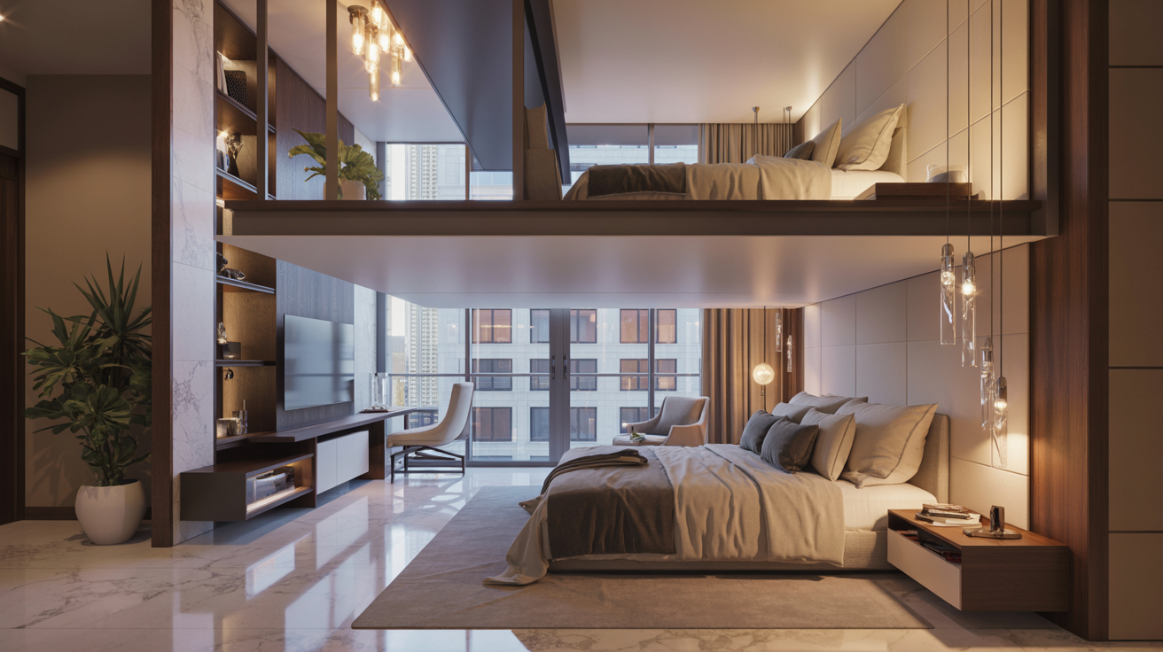 A modern bedroom featuring a loft bed and a large window that allows natural light to fill the space.