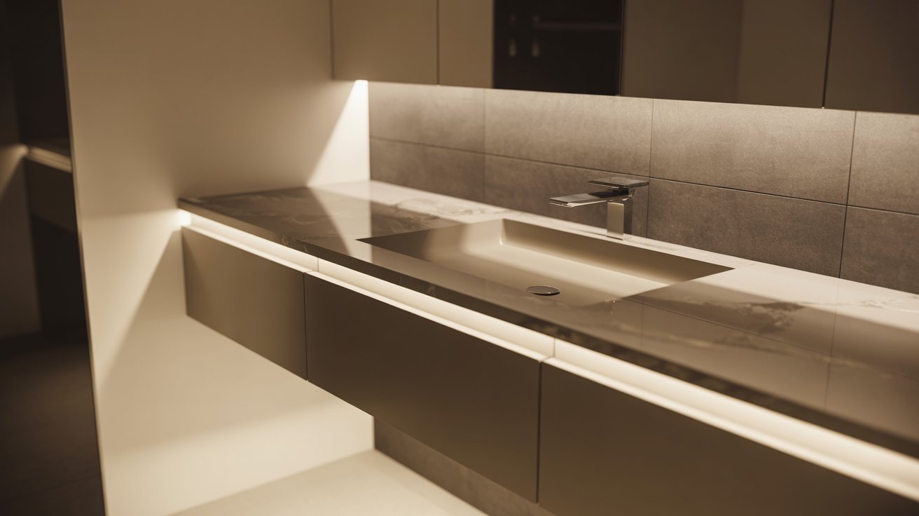 A bathroom featuring a sink with a light fixture positioned above it, highlighting the space's functionality.