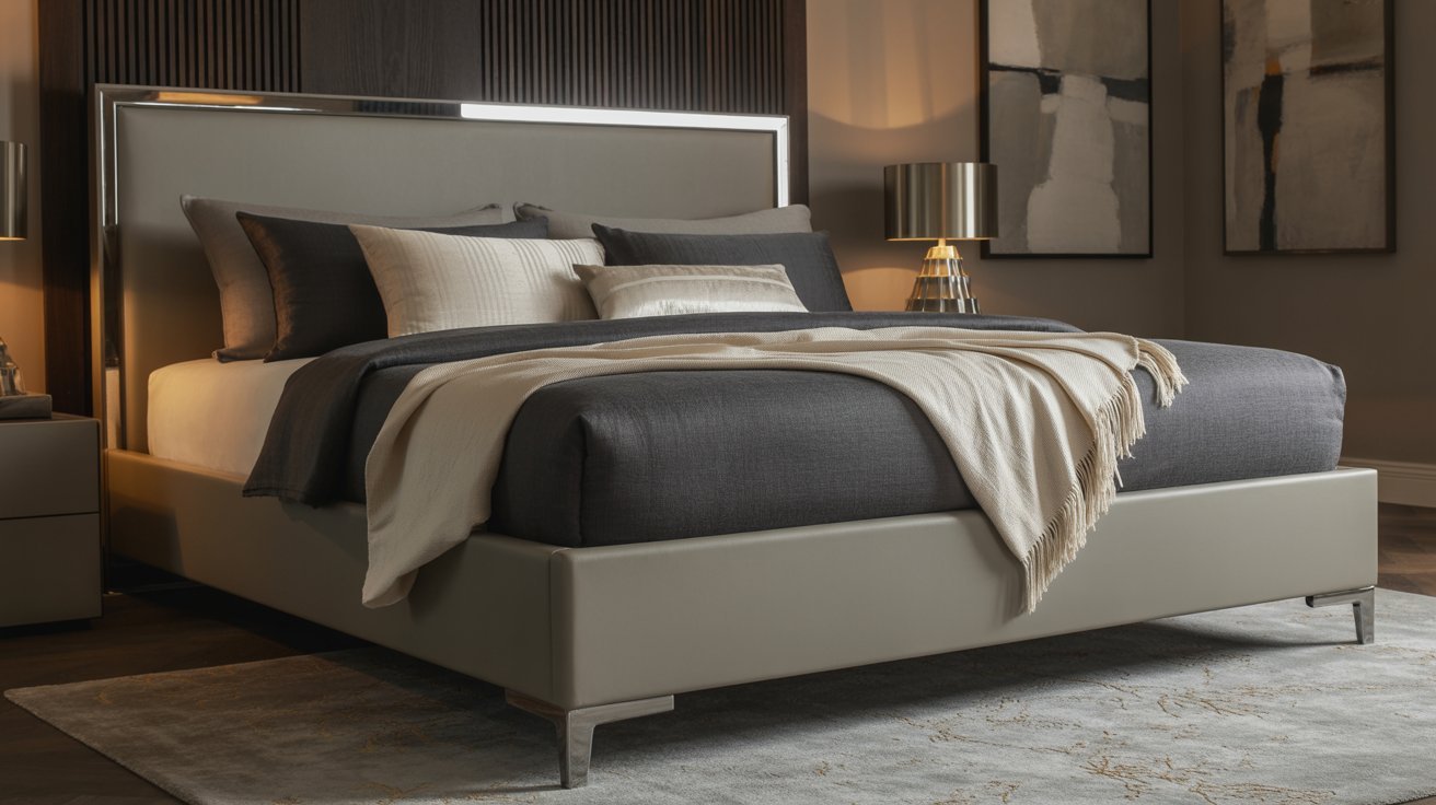 A modern bedroom featuring a neatly made bed flanked by stylish nightstands.