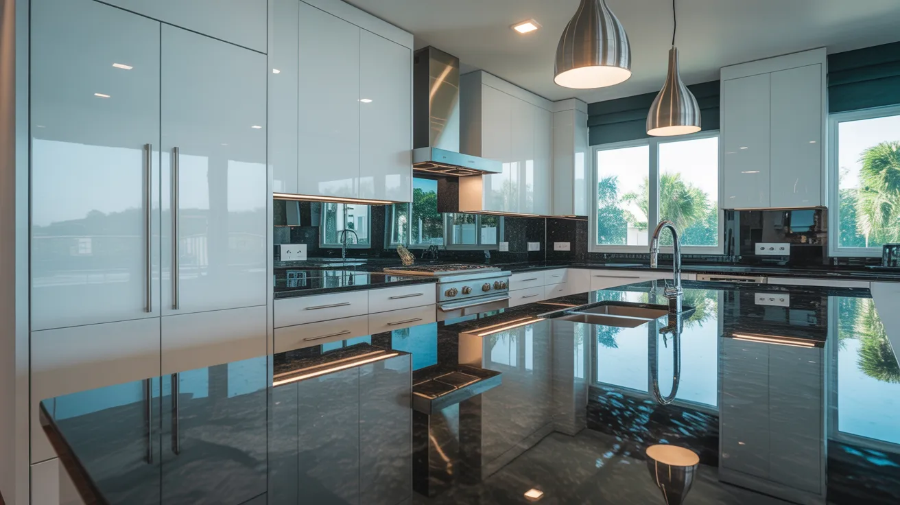 A modern kitchen featuring sleek black countertops and crisp white cabinets, creating a stylish and contemporary look.
