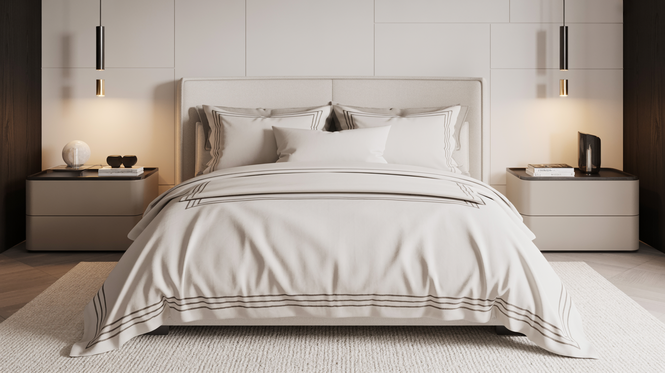 A clean and organized bedroom with a bed and matching nightstands on either side.