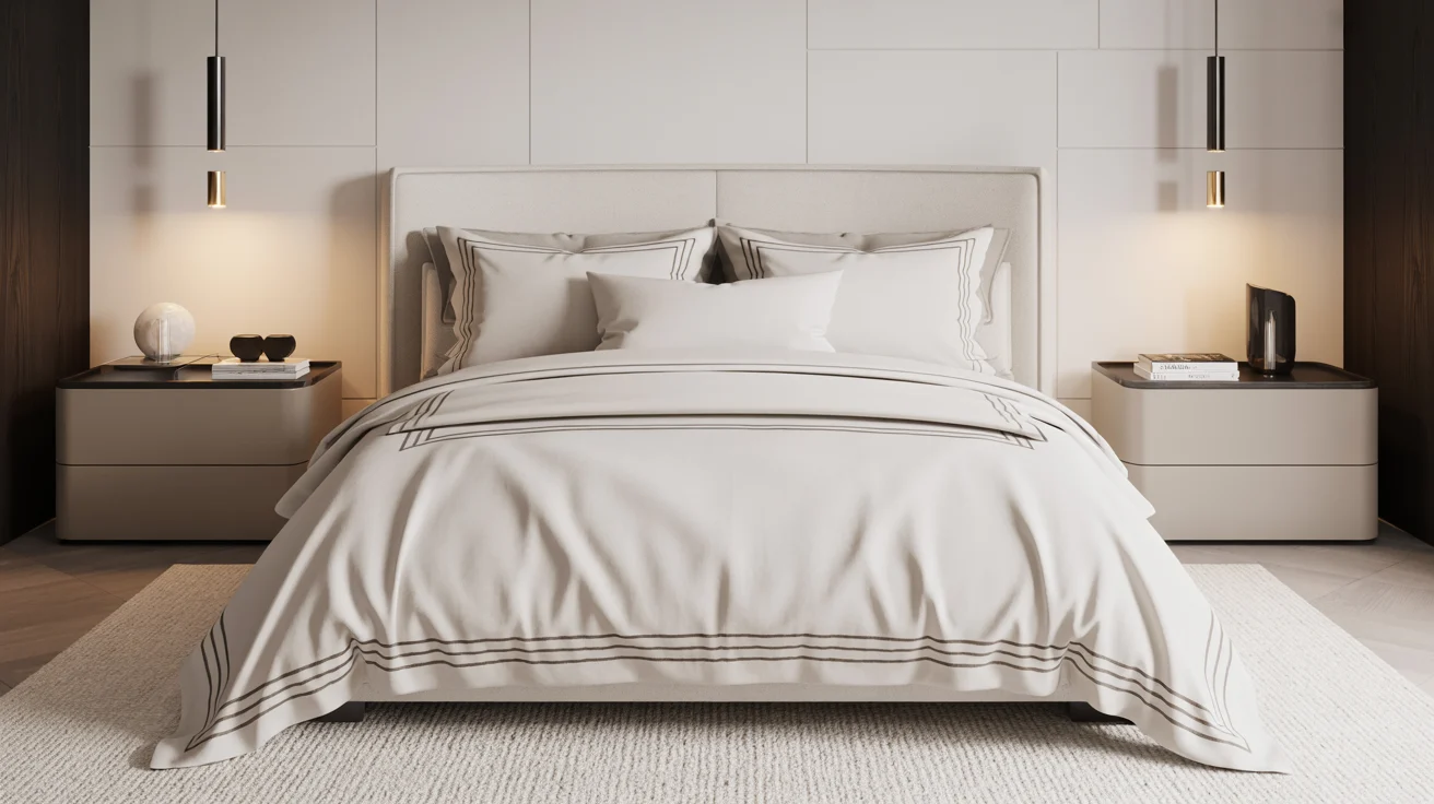 A clean and organized bedroom with a bed and matching nightstands on either side.