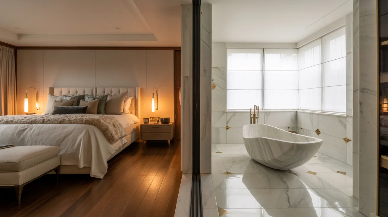  A cozy bedroom featuring a large bed and a freestanding bathtub beside a window.