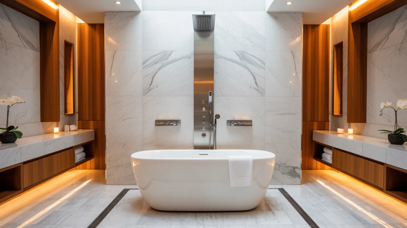 A modern bathroom featuring a sleek bathtub and a stylish sink, showcasing contemporary design elements.