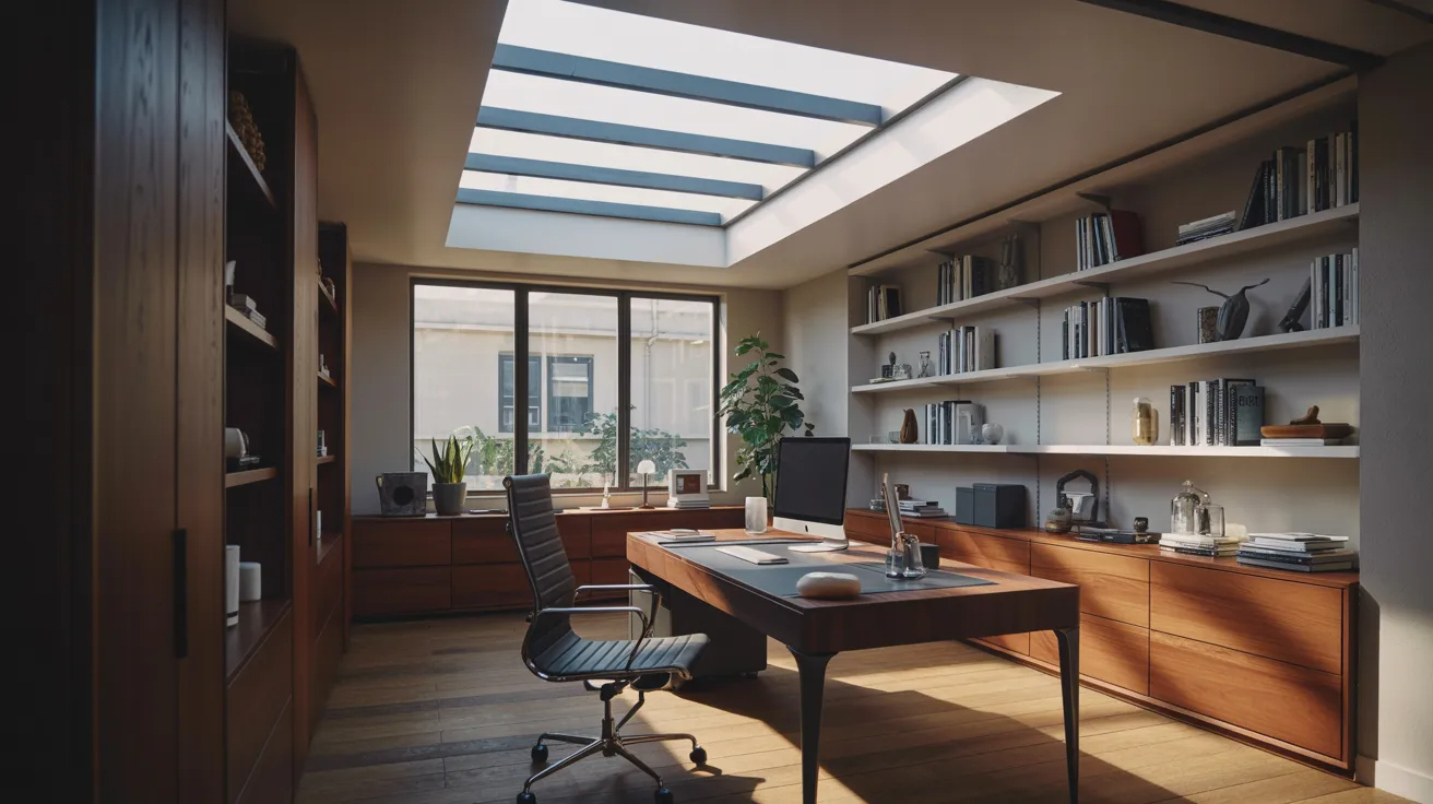 A bright home office featuring a skylight and warm wooden flooring, creating an inviting workspace atmosphere.