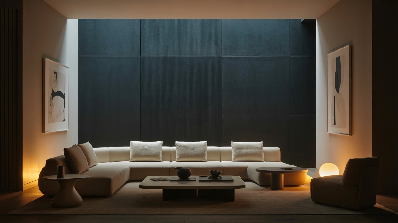 A spacious living room featuring a large sectional couch and a coffee table in the center.