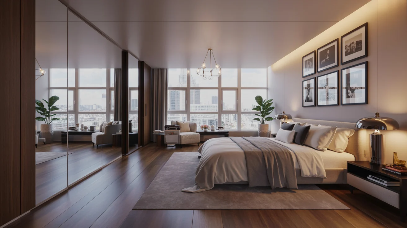 A contemporary bedroom with a spacious bed and a large mirror, creating an open and inviting atmosphere.