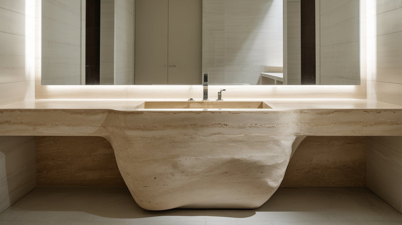 A bathroom sink with a large mirror above, reflecting the sink and surrounding wall decor.