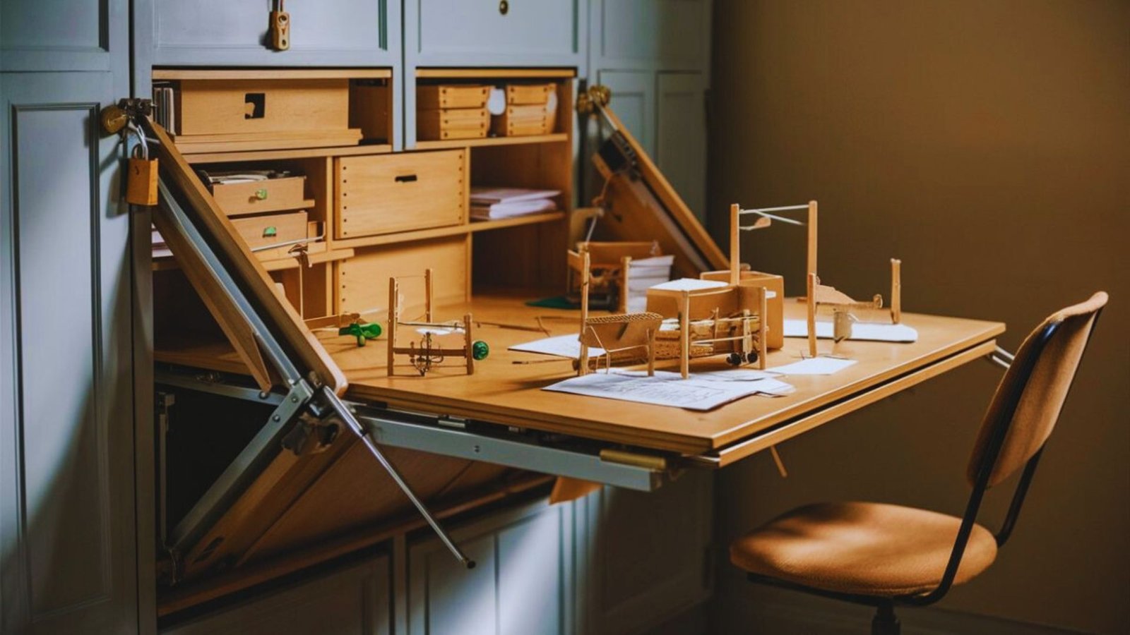 A wooden desk with a chair beside it and a matching wooden cabinet in the background.