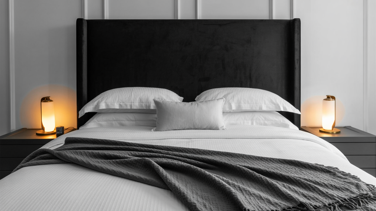 Black and white photo of a neatly made bed with pillows and a wooden nightstand beside it.