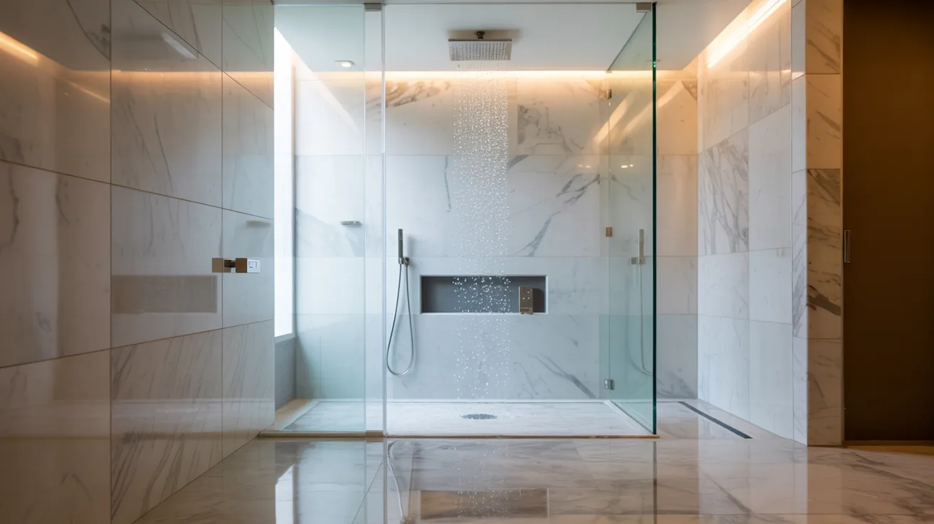 A stylish bathroom showcasing polished marble floors and a spacious glass shower, emphasizing modern design.
