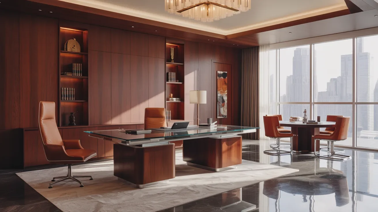 A modern office featuring a sleek desk and ergonomic chairs arranged for a professional workspace.