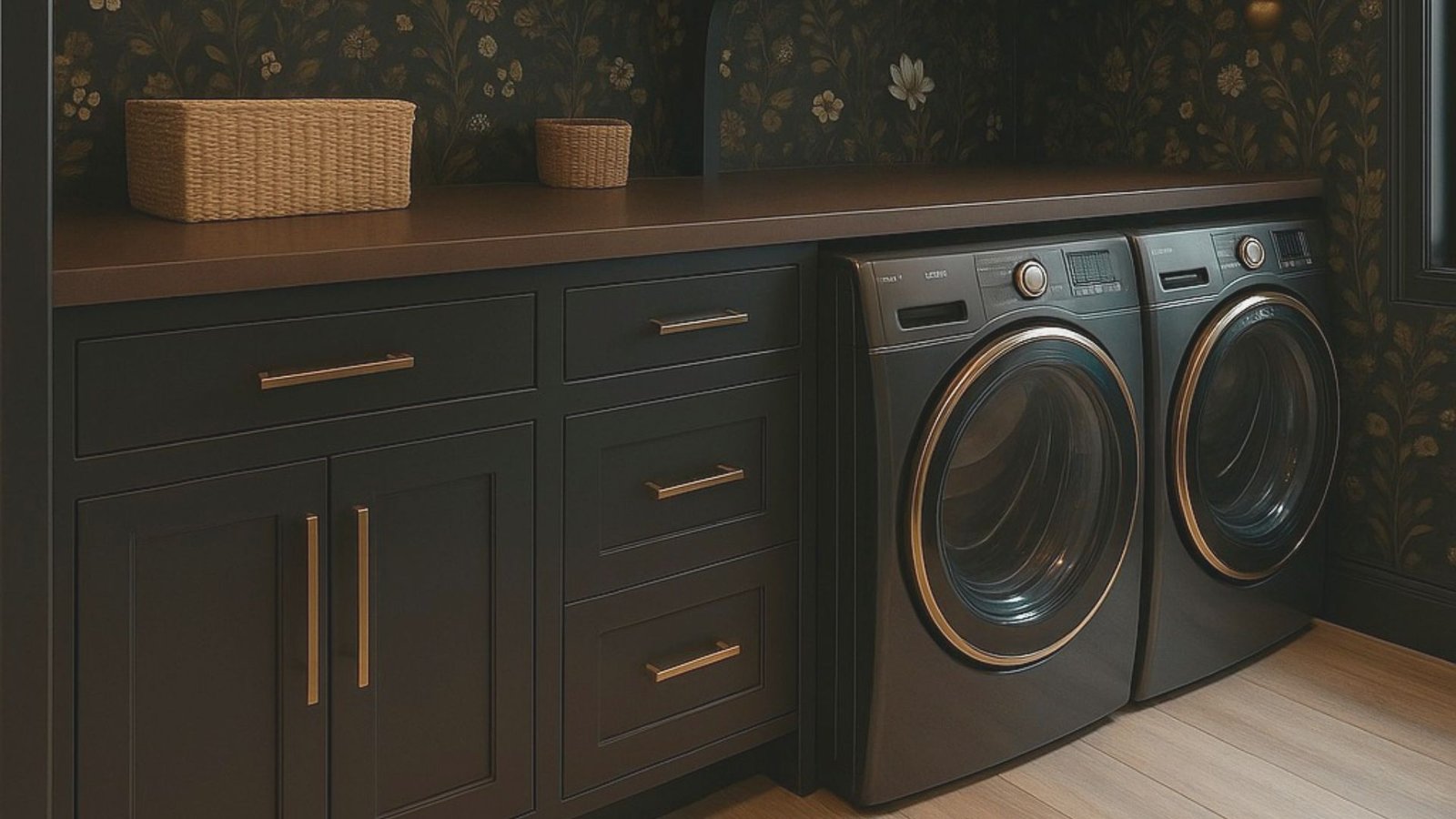 A laundry room featuring a washer and dryer, with shelves and cleaning supplies visible in the background.
