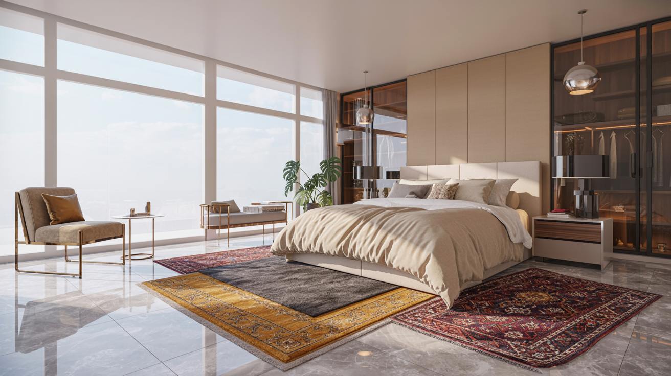 A modern bedroom featuring a large bed with a cozy rug underneath, creating a stylish and inviting atmosphere.