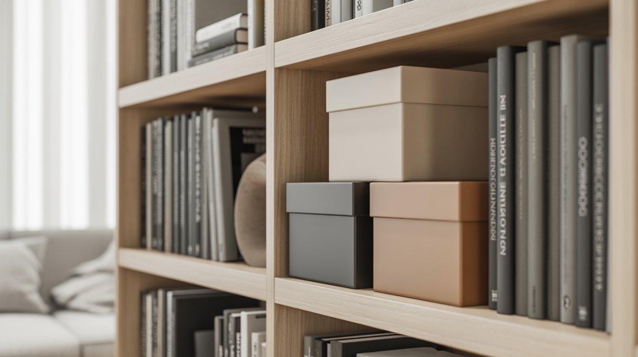 A living room featuring black bookcases and a comfortable couch, creating a modern and inviting atmosphere.
