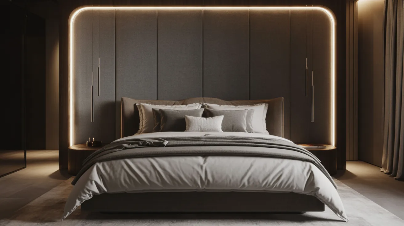 A serene bedroom scene with a comfortable bed and a nightstand adorned with a lamp.
